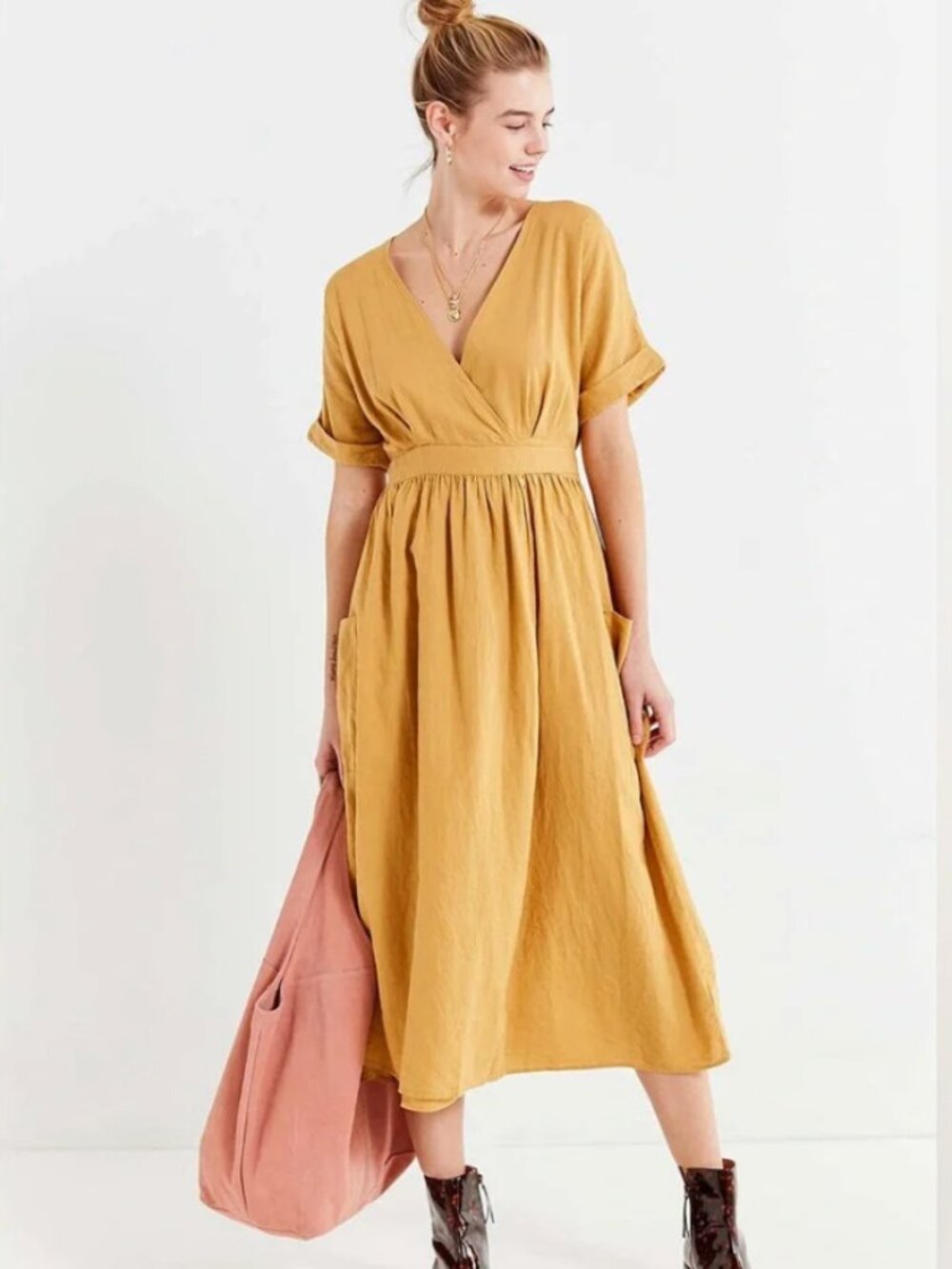Urban Outfitters "Gabriella" Linen Mustard Wrap Peasant Dress, size S
